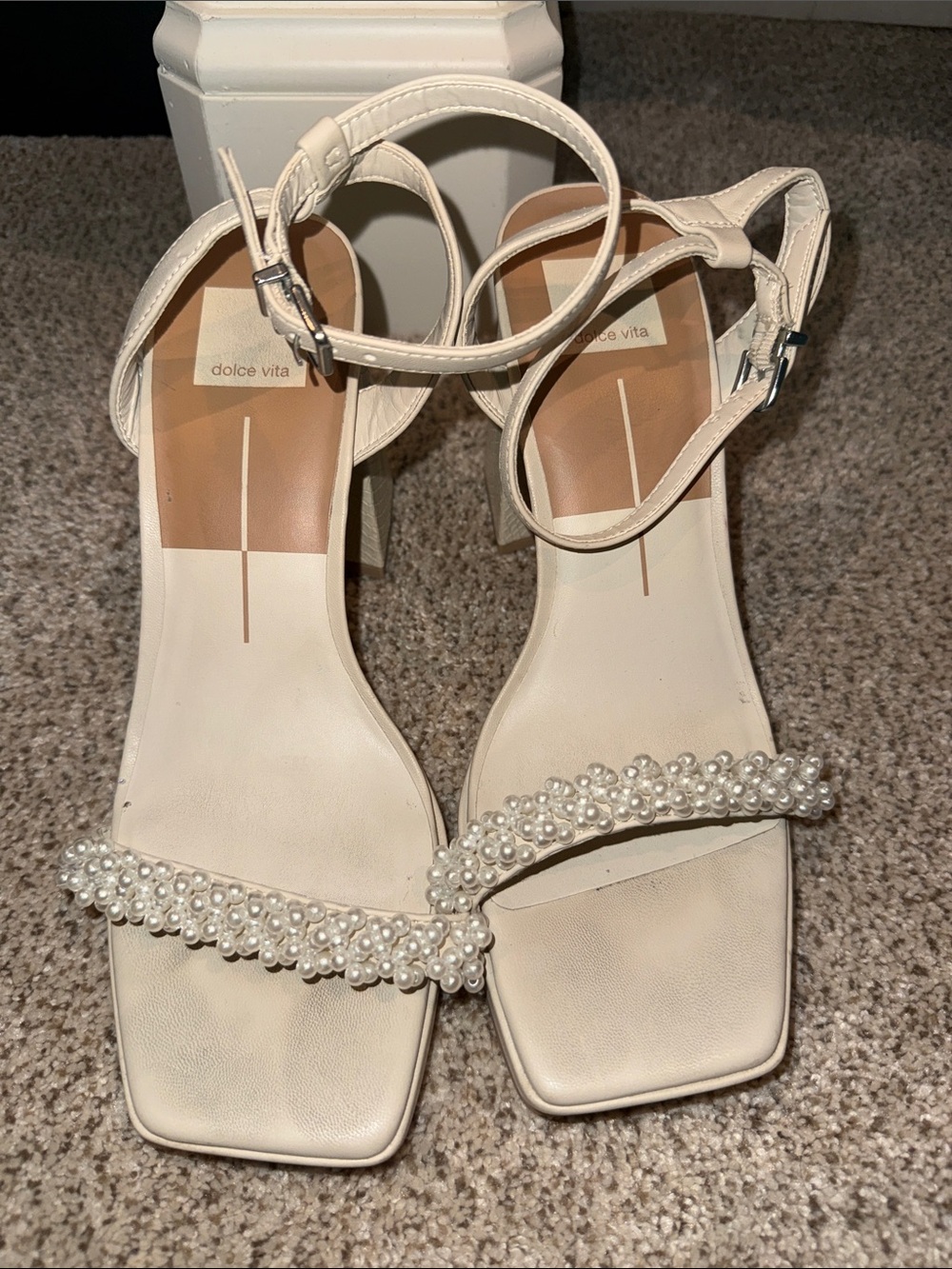 Dolce Vita Cream Pearl-Embellished Ankle Strap Heels